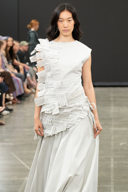 Look 05, detail of the pleated strips. Photograph by Stone Clove.