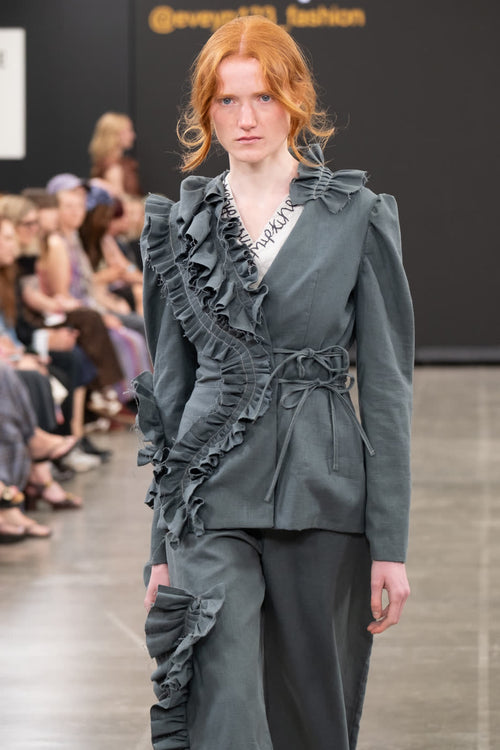 Look 03, detail of the ruffled lapel. Photograph by Stone Clove.