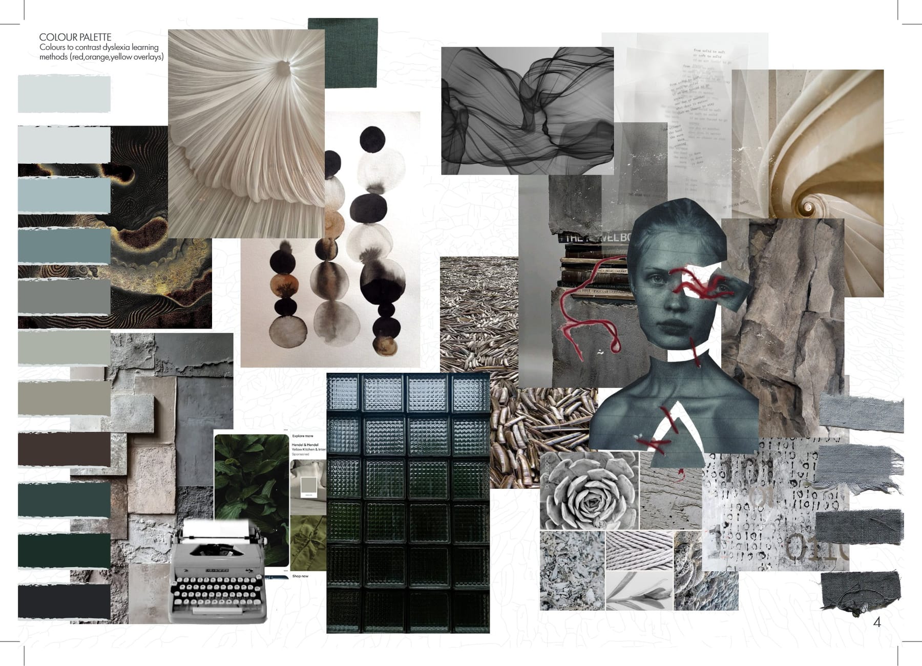 Portfolio page 5. Colour palette, colours to contrast dyslexia learning methods.